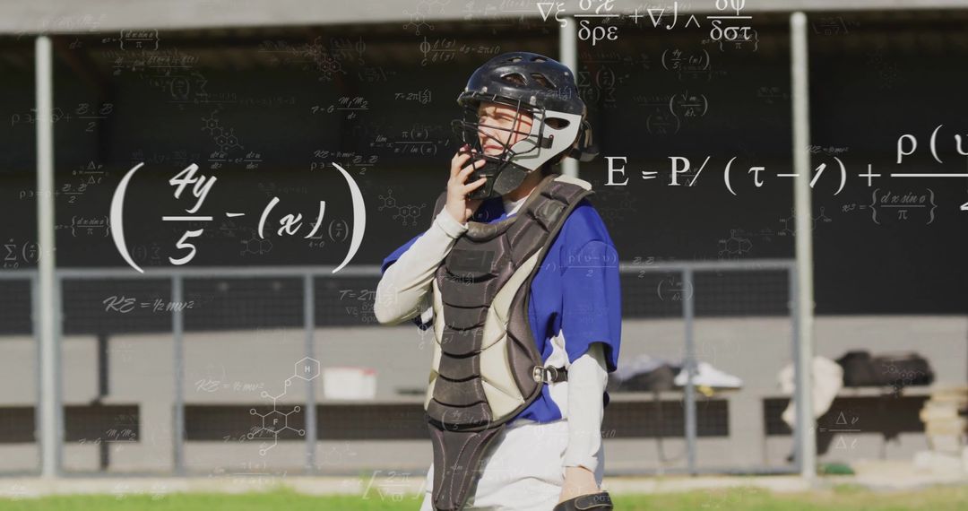 Catcher Wearing Gear on Field with Math Formulas Overlay
