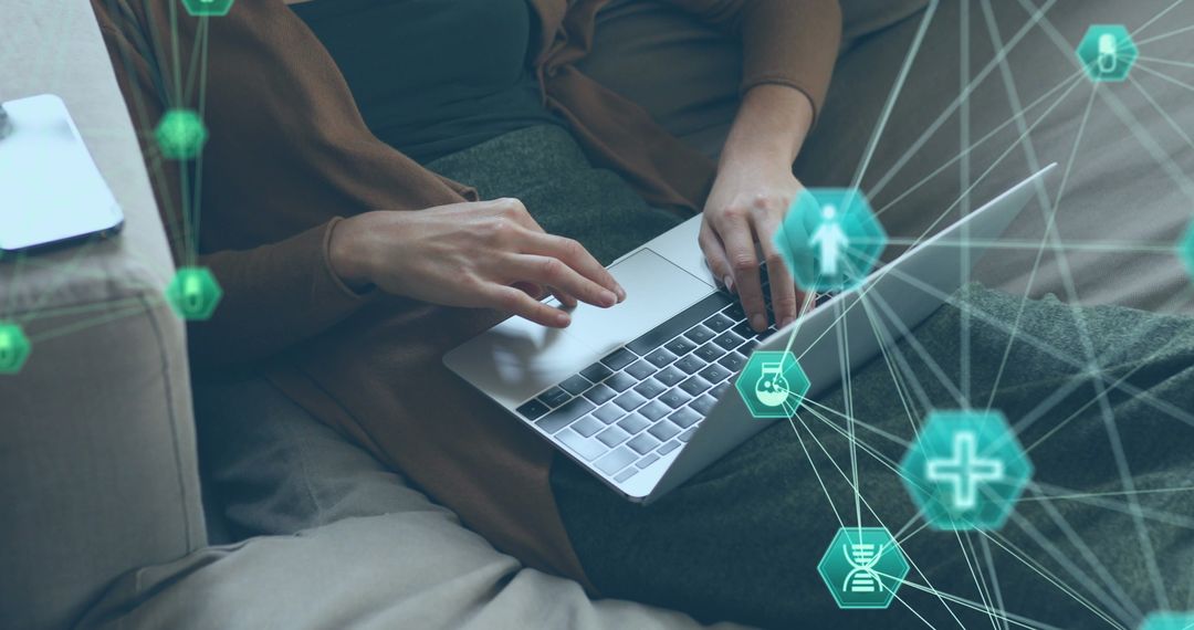 Person Uses Laptop with Digital Interface Elements Overlaid