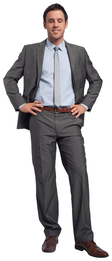 Confident Businessman in Gray Suit with Hands on Hips - Transparent