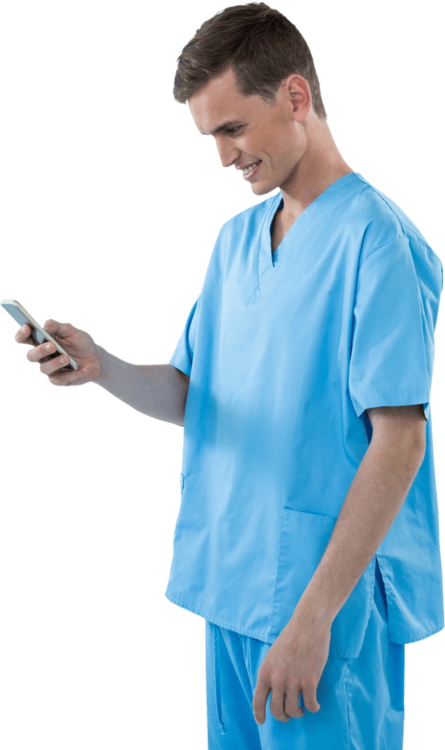 Smiling Male Nurse Using Mobile Phone on Transparent Background