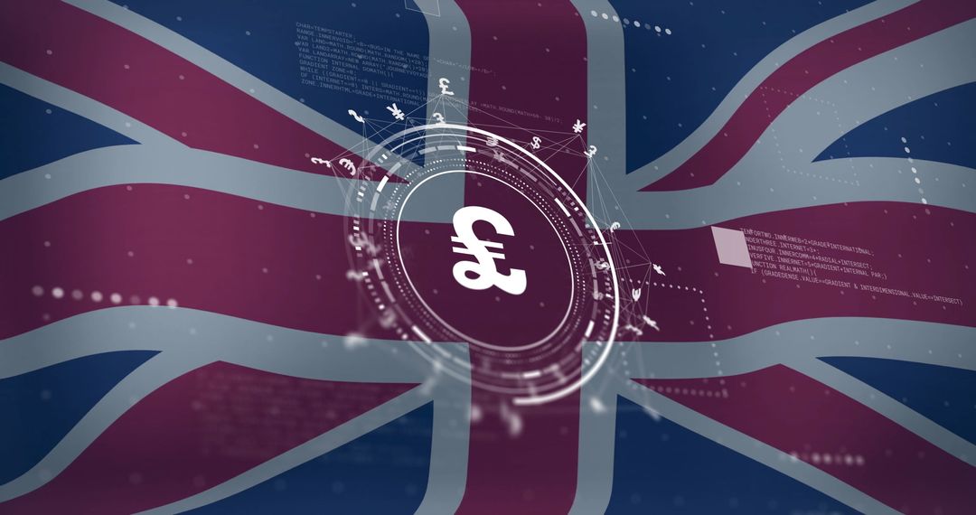 British Pound Symbol and Data over UK Flag Representing Global Finance