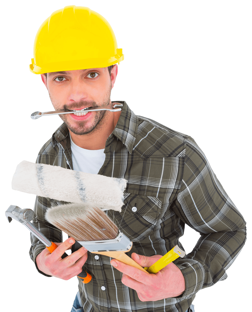 Man Wearing Hard Hat Holding Various Tools Transparent Background