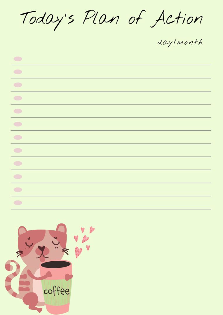 Blank Daily Action Plan Template with Cute Cat and Coffee - Download Free Stock Templates Pikwizard.com