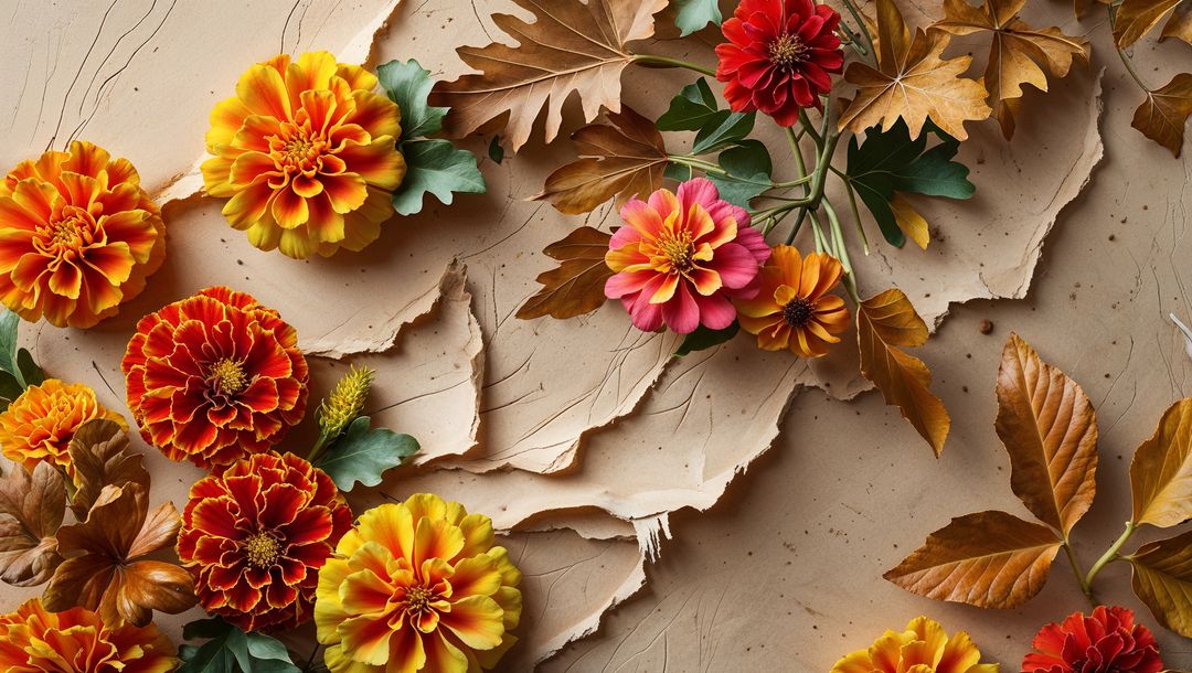 Autumn Flat Lay with Marigolds and Leaves on Rustic Paper