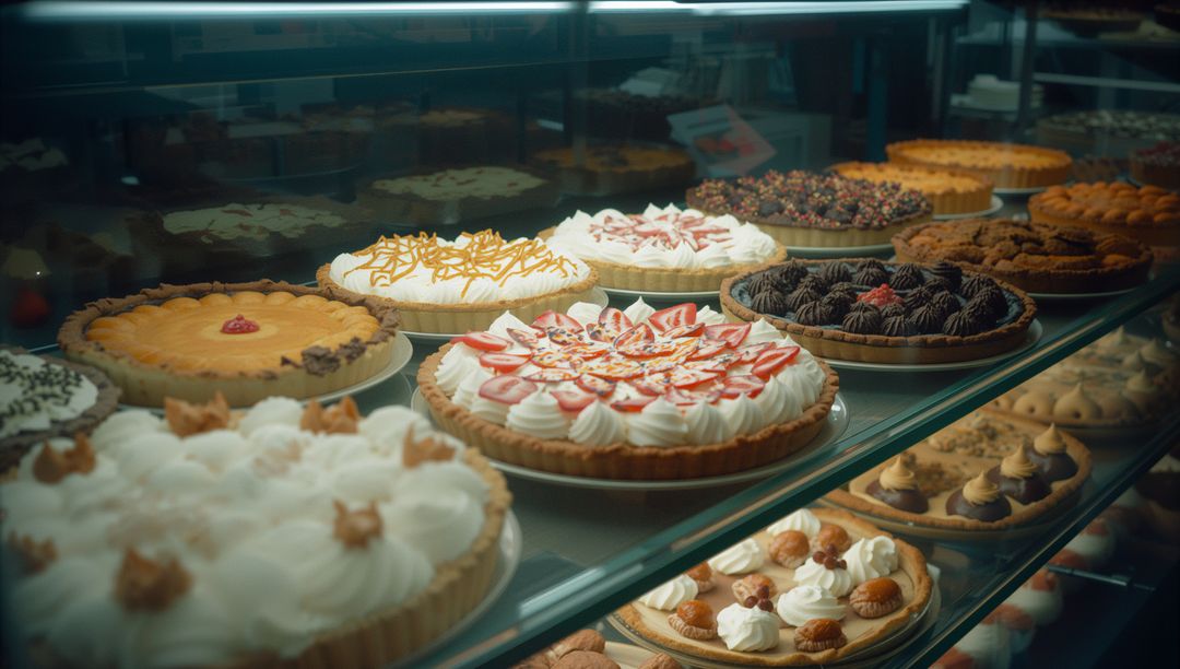Assorted Cream and Fruit Tarts in Glass Display
