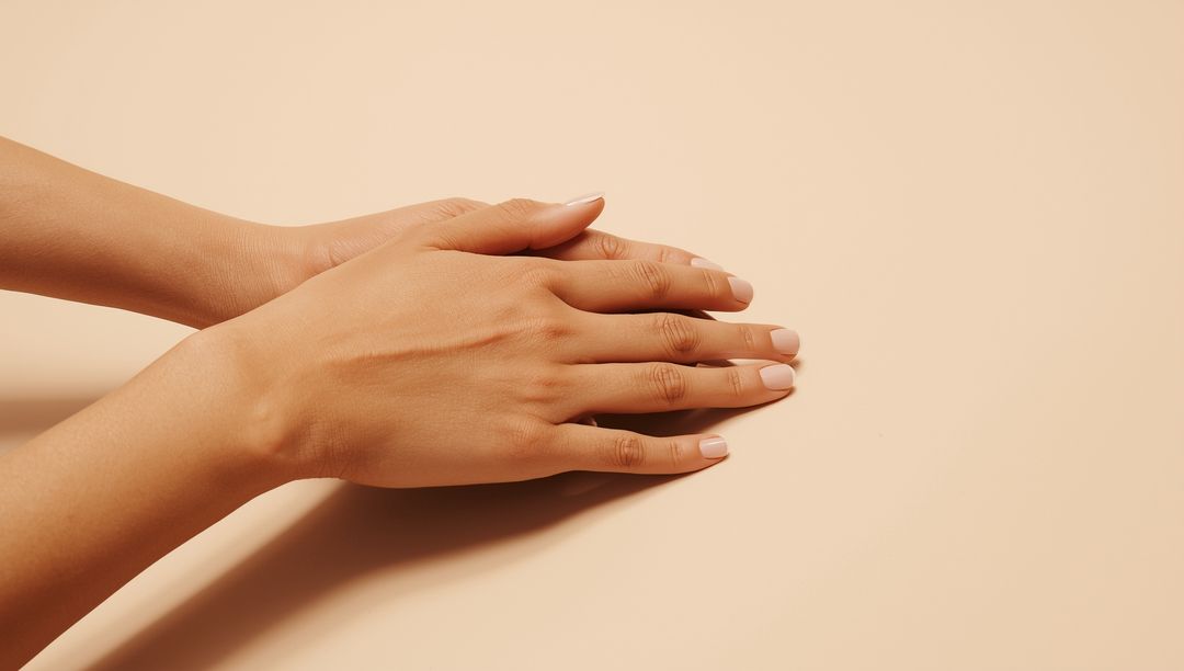 Elegant Hands Overlapping on Beige Surface with Subtle Nail Polish