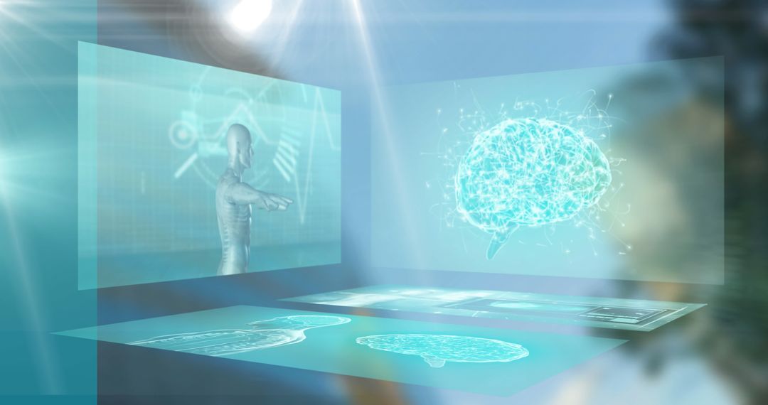 Human Brain and Body With Medical Data on Virtual Screens