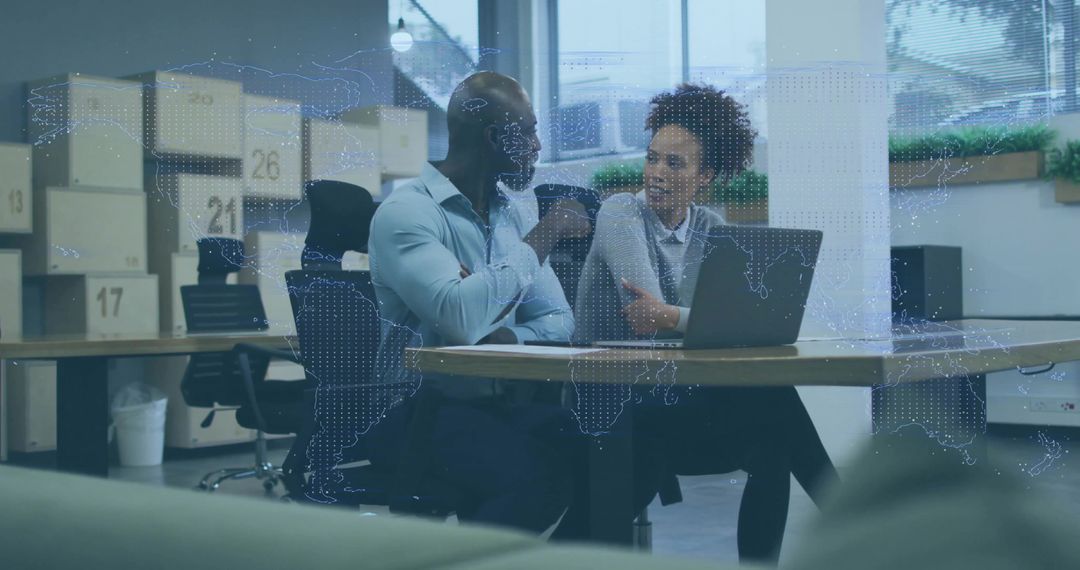 Business Team Collaborating at Office Desk with Digital Overlay