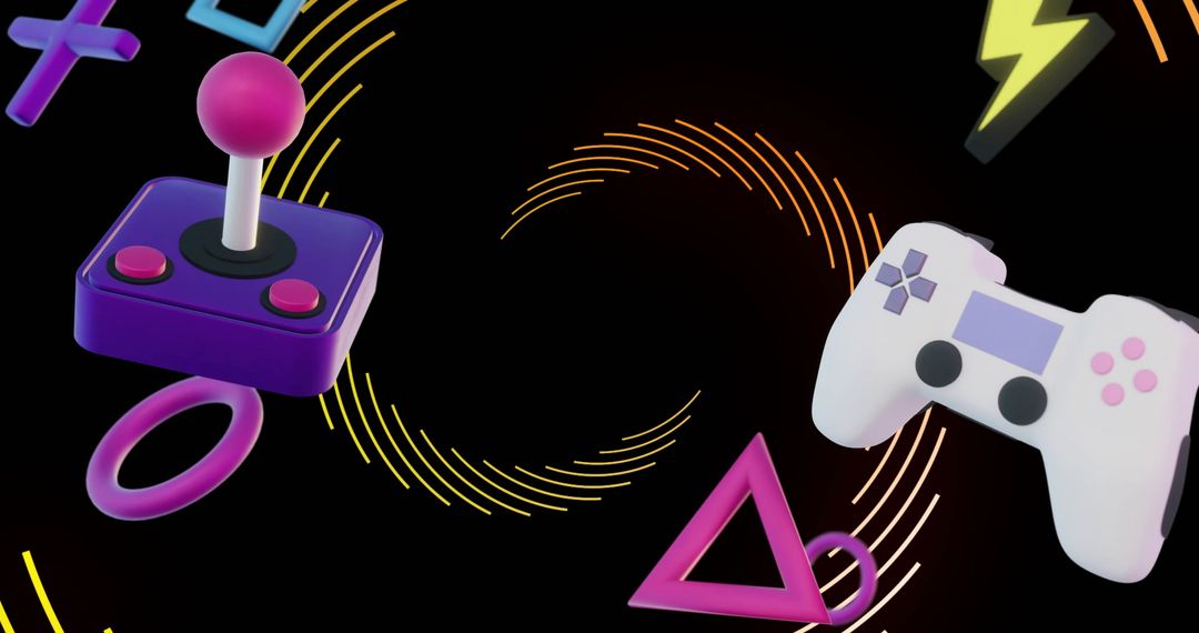 Colorful Gaming Icons Surrounded by Dynamic Spinning Elements