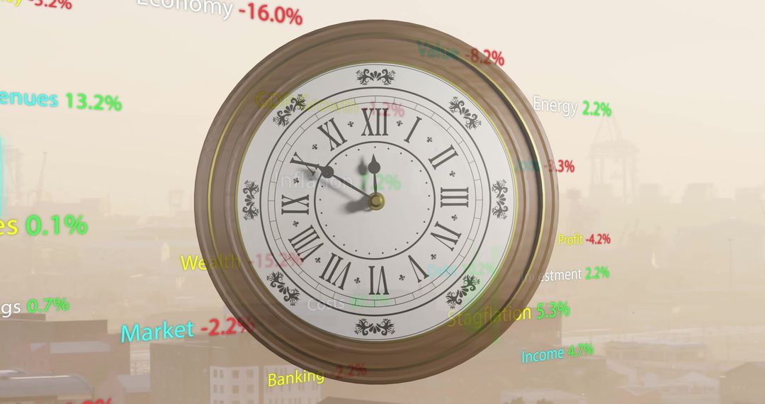 Vintage Clock Overlay with Stock Market Data and Cityscape Background