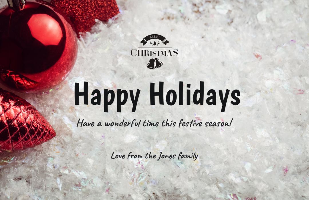 Festive Christmas Greeting Card with Snow and Ornaments