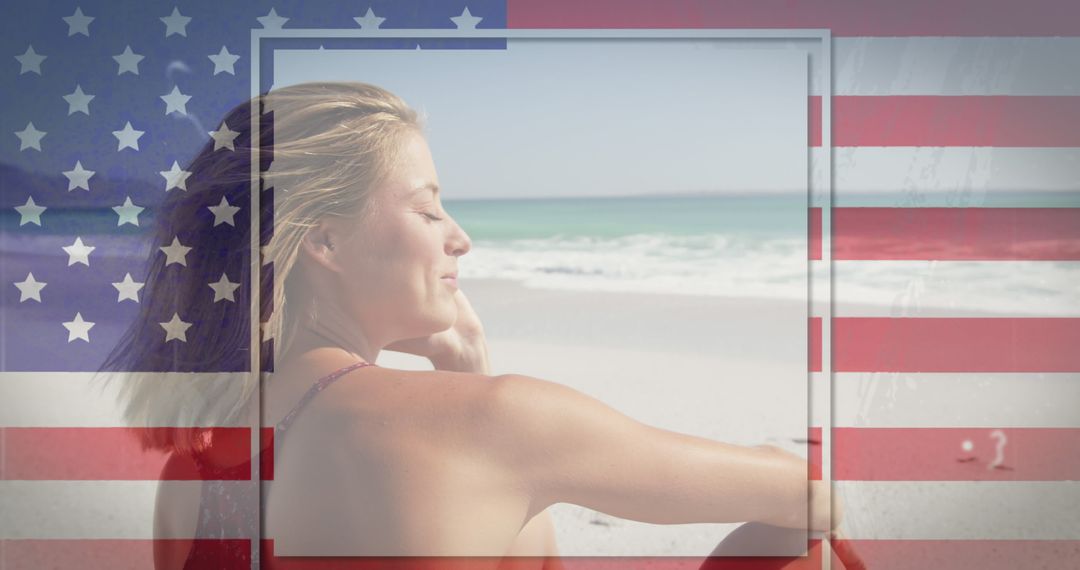 Patriotic Reflection with American Flag and Beachscape