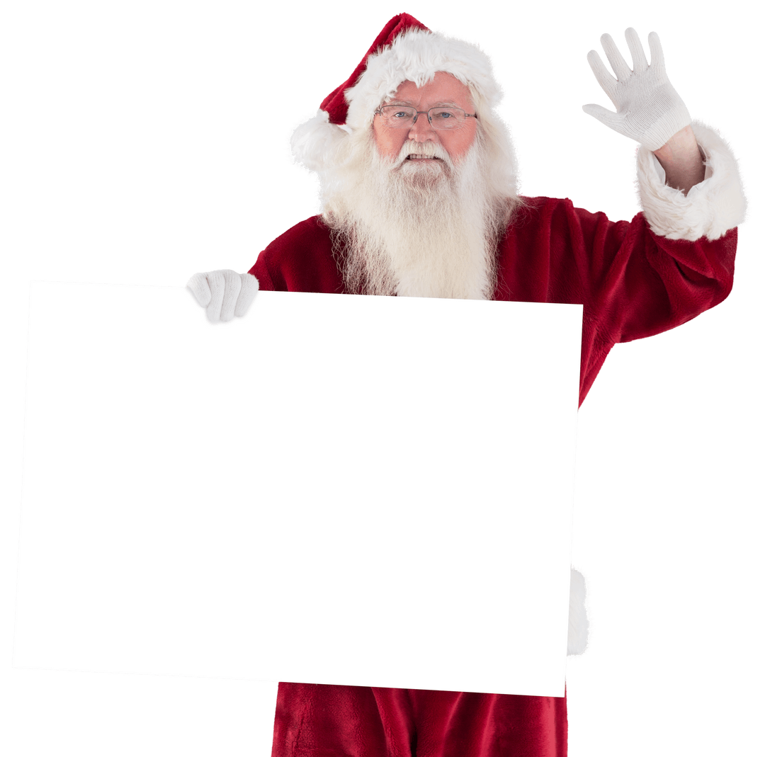 Santa Claus Waving Holding Blank Transparent Sign Panel