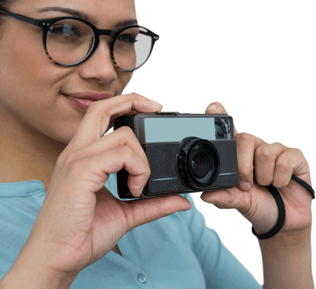 Young Woman Photographer Using Classic Camera with Transparent Background