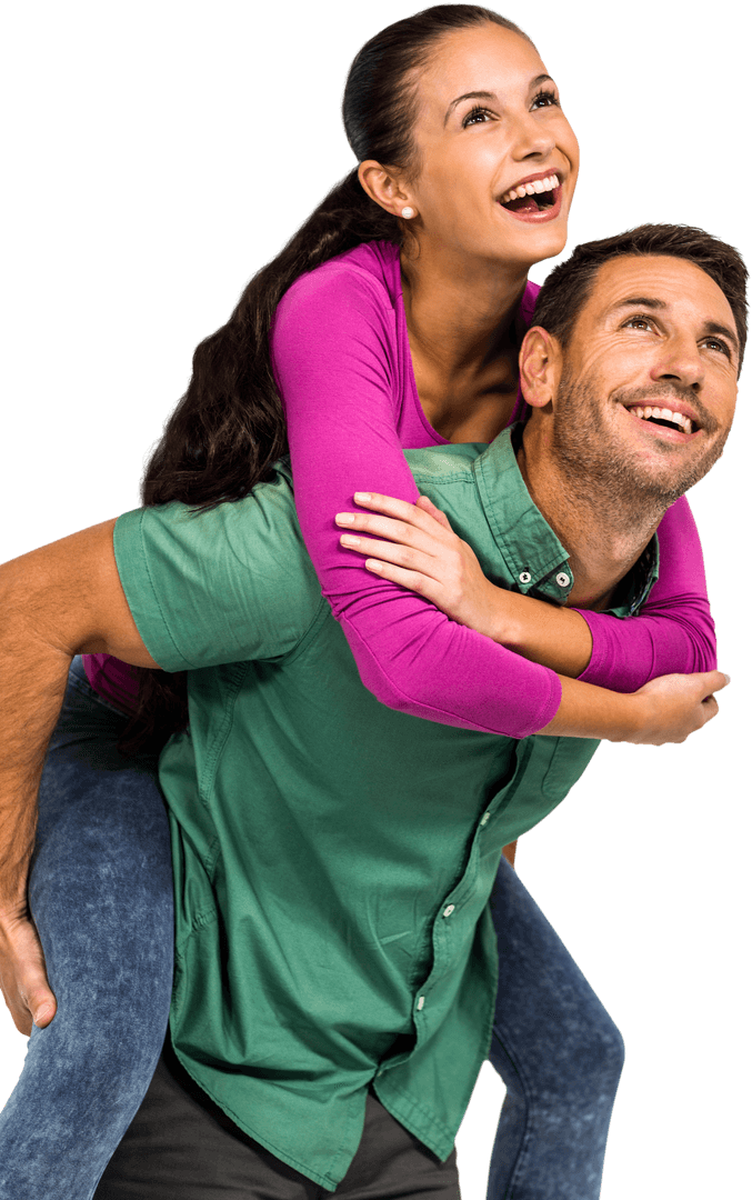 Happy Couple in Playful Piggyback Pose on Transparent Background