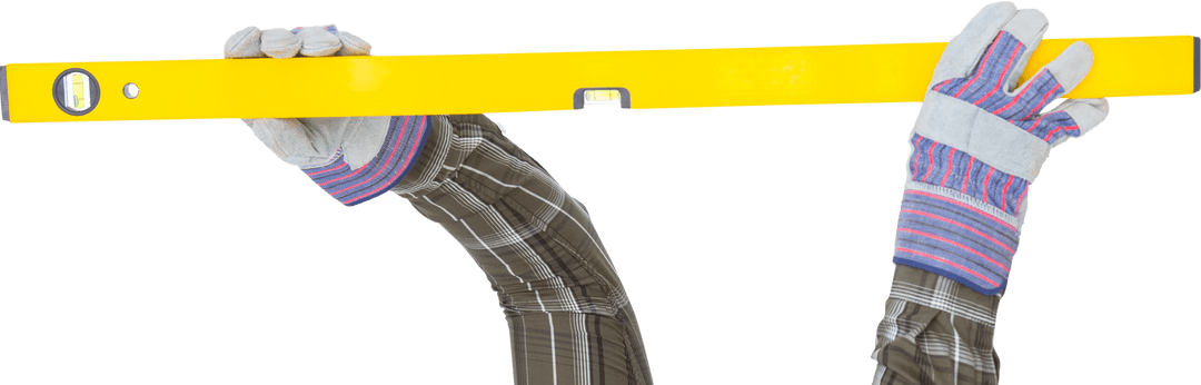 Gloved Hands Holding Transparent Yellow Level Precision Tool