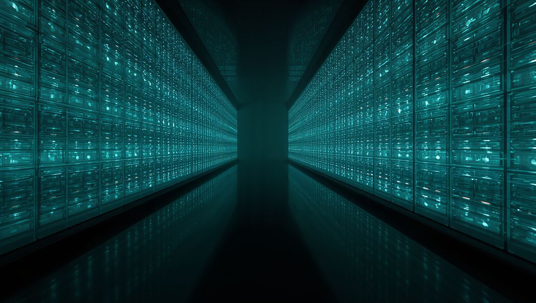 Futuristic teal data corridor with glass server racks, LED reflections and vanishing point