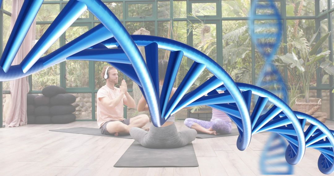 Meditating Group with Blue DNA Helix Overlay Connecting Yoga, Wellness and Epigenetics