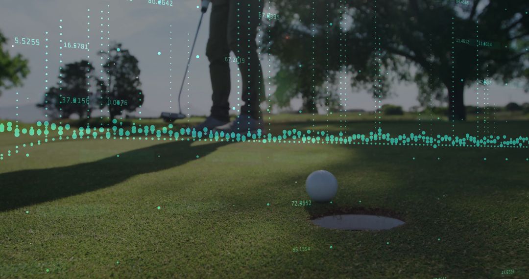 Golfer Analyzing Shot with Technological Data Overlay on Green