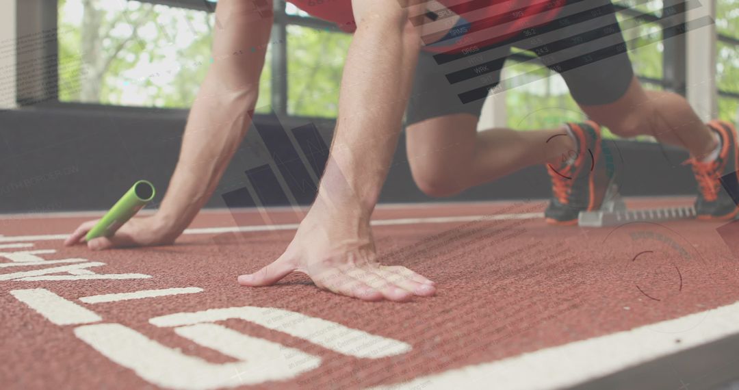 Athlete Preparing for Sprint with Data Graphics Overlay