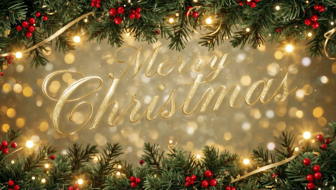 Glowing Gold Script Merry Christmas with Festive Bokeh and Evergreen Garland Frame