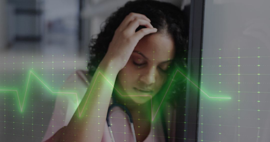 Exhausted Female Doctor Overwhelmed with Data Visualization