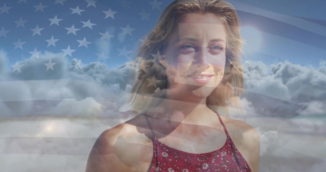 Patriotic Woman Smiling with American Flag and Cloudy Background Portrait