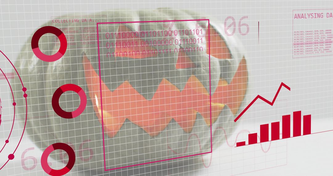 Glowing Jack-o'-Lantern with Data Visualization Overlay and Futuristic Analytics Interface