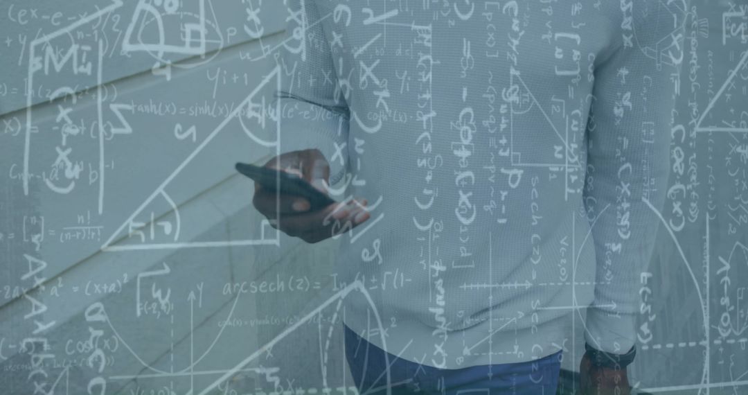 Mathematical Data Overlaying Businessman with Smartphone