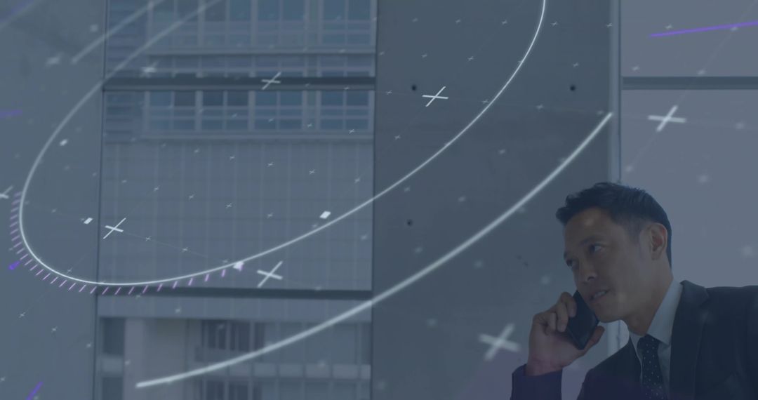 Businessman Using Smartphone by Windows with Futuristic Digital Overlay