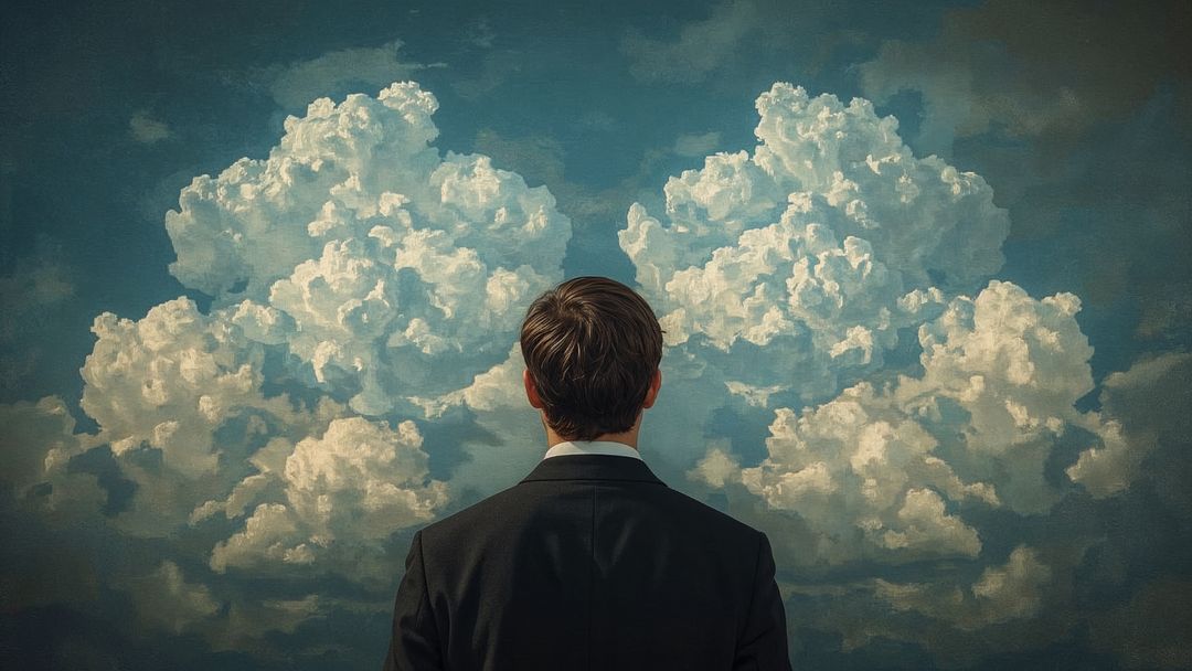 Man in Suit Contemplating Cumulus Clouds for Professional Inspiration