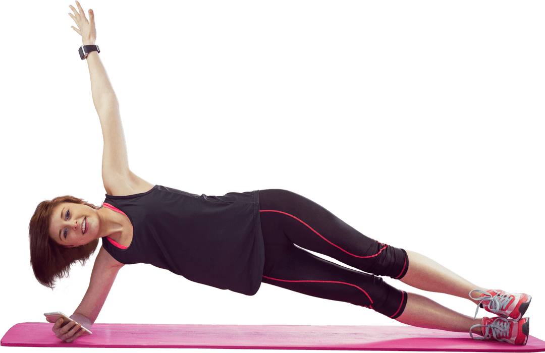 Fit Middle-Aged Woman Exercising in Transparent Side Plank Pose