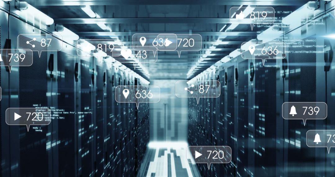 Digital Interface Overlay with Social Media Icons Over Computer Servers