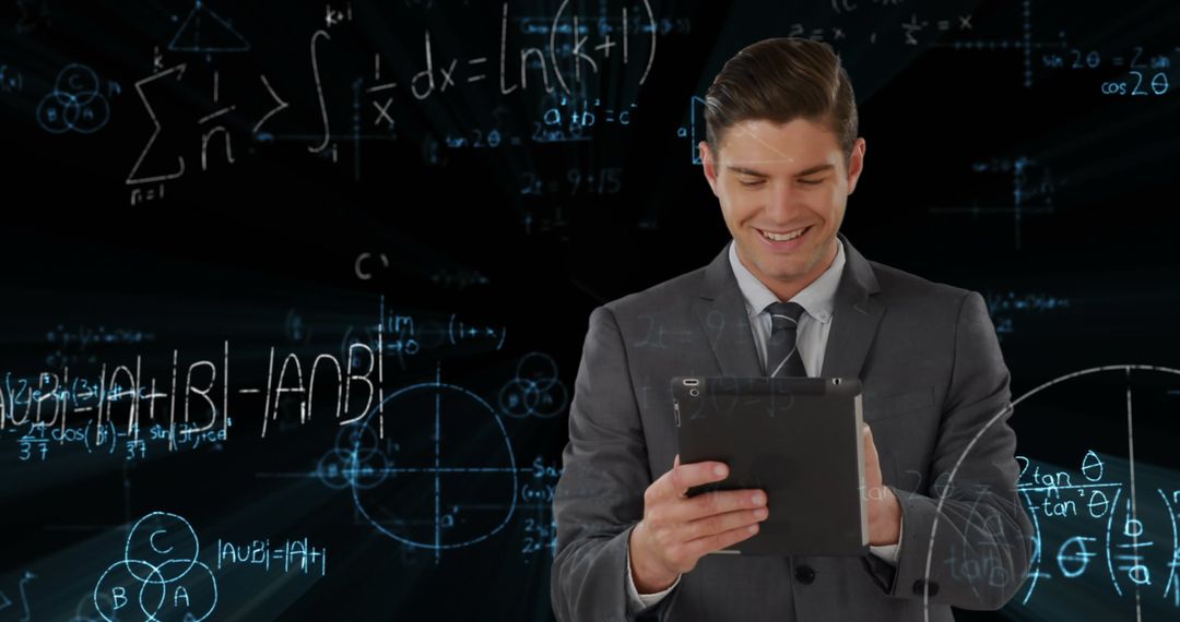 Businessman Engaging with Tablet Amidst Mathematical Formulas