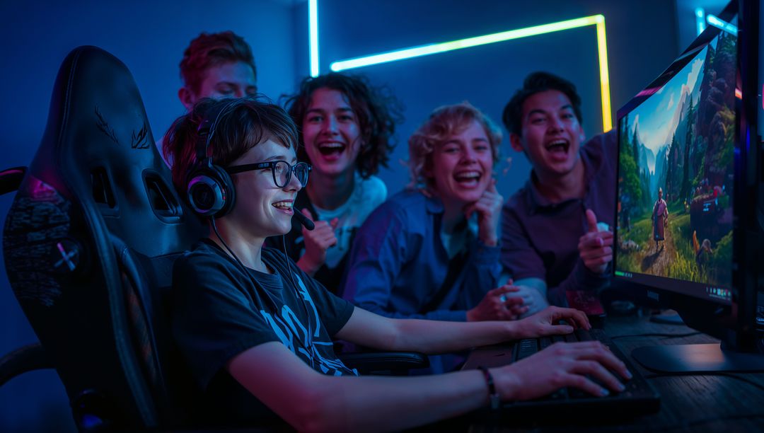 Teenager Enjoying Video Game While Friends Cheer in Gaming Room