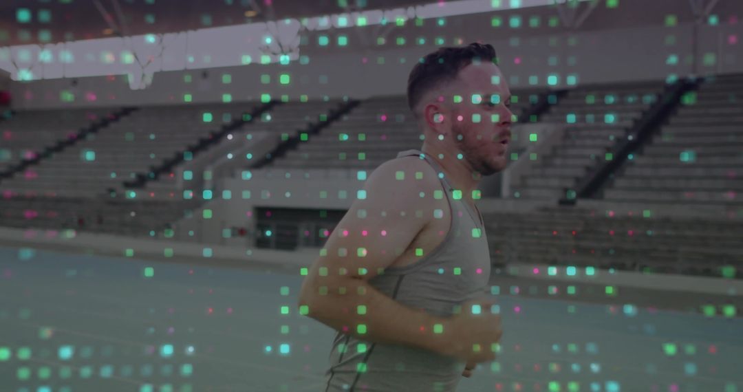 Athlete Running on Stadium Track with Dynamic Digital Overlay