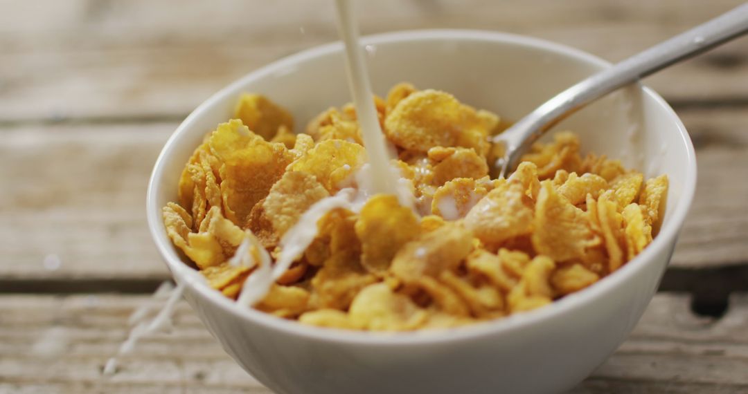 Pouring Milk Over Crunchy Cornflakes Cereal