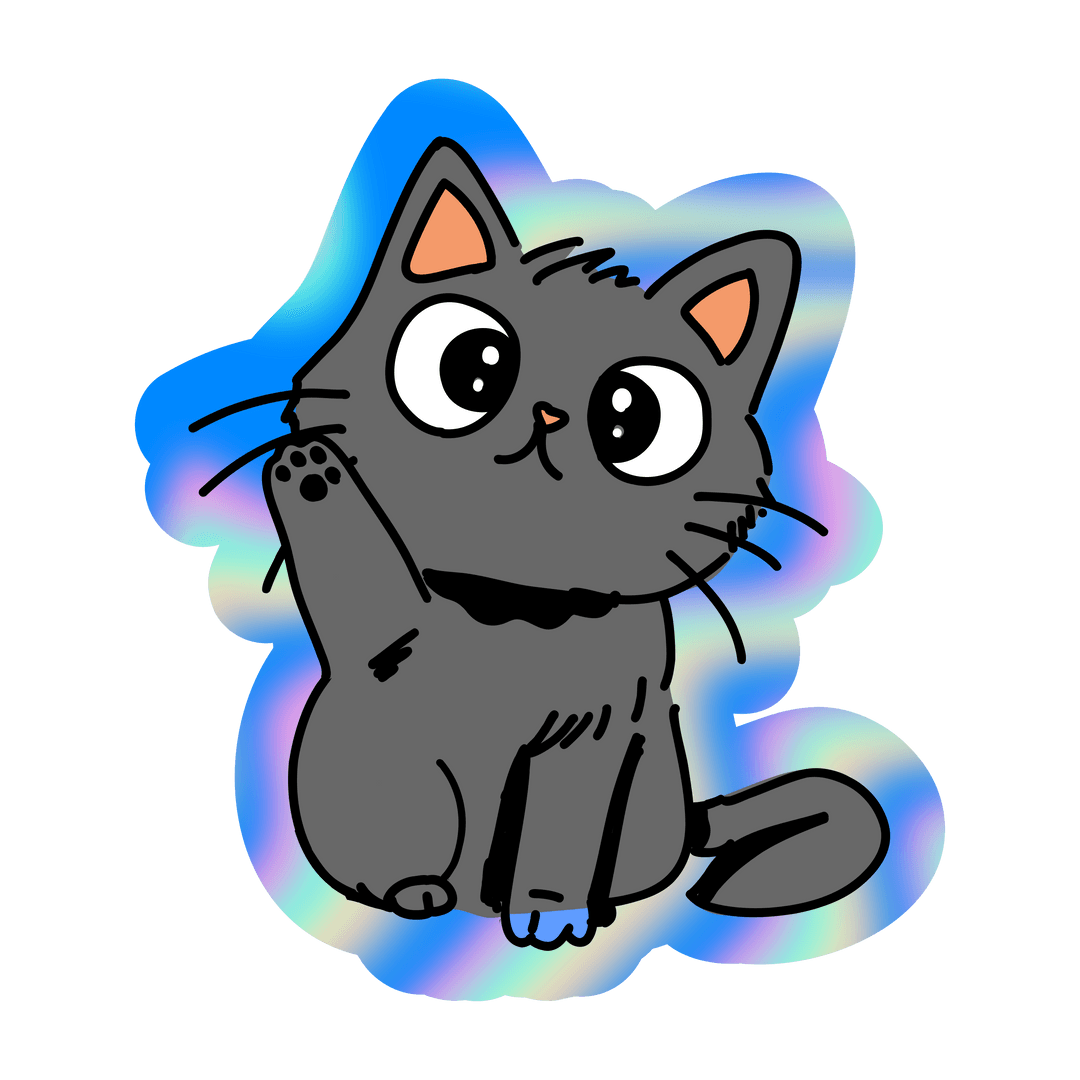 Adorable Gray Cat Illustration with Neon Glow on Transparent Background