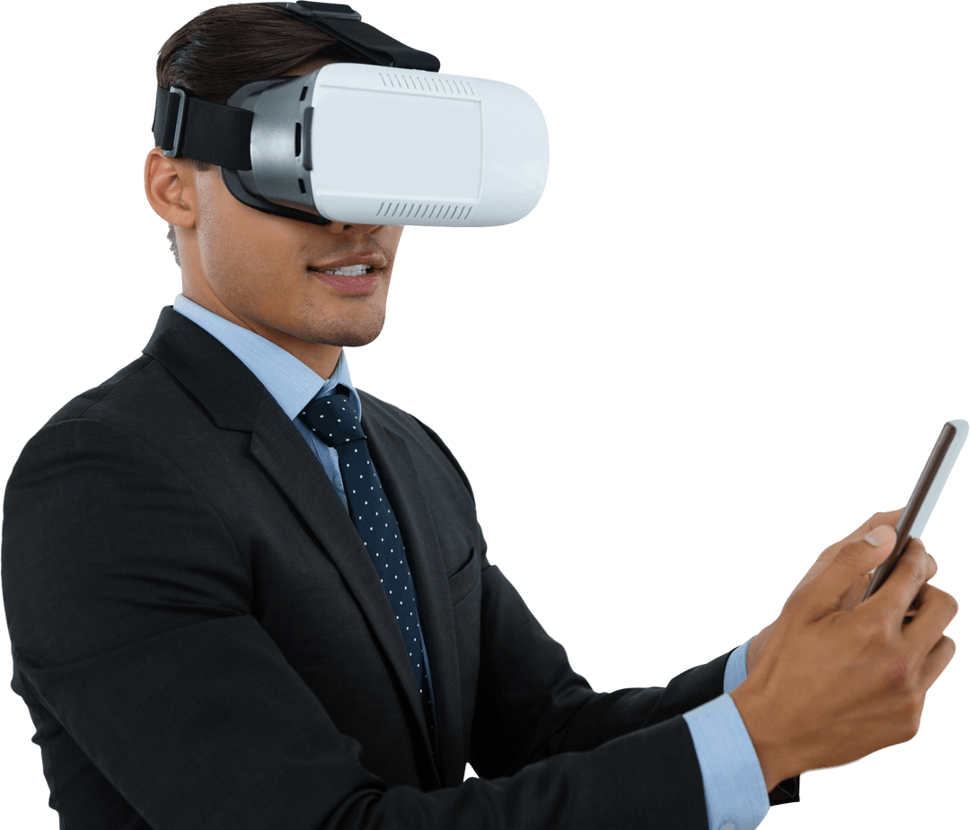 Businessman Using Tablet with VR Glasses, Working in Technology Transparent