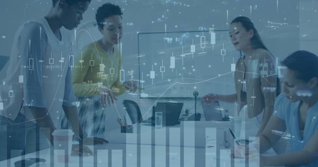 Diverse Business Team Analyzing Financial Data with Global Overlay