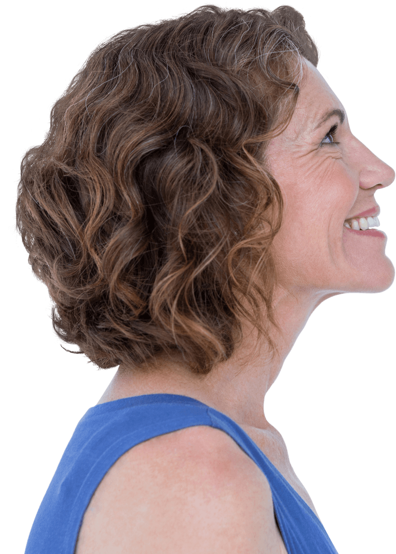 Profile of Smiling Middle-Aged Woman with Wavy Hair on Transparent Background
