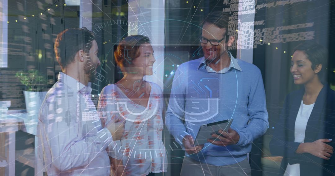 Diverse Business Team Engaging with Digital Data Interface in Office