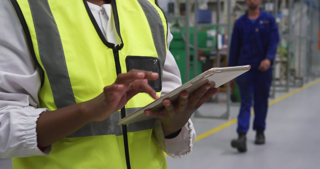 Laborer in Yellow Safety Vest Using a Tablet on Factory Floor - Free Images, Stock Photos and Pictures on Pikwizard.com