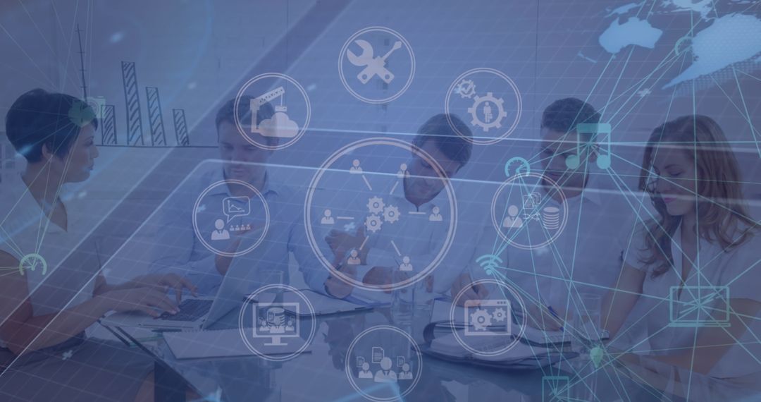 Global Business Team Leveraging Digital Interface for Data Processing