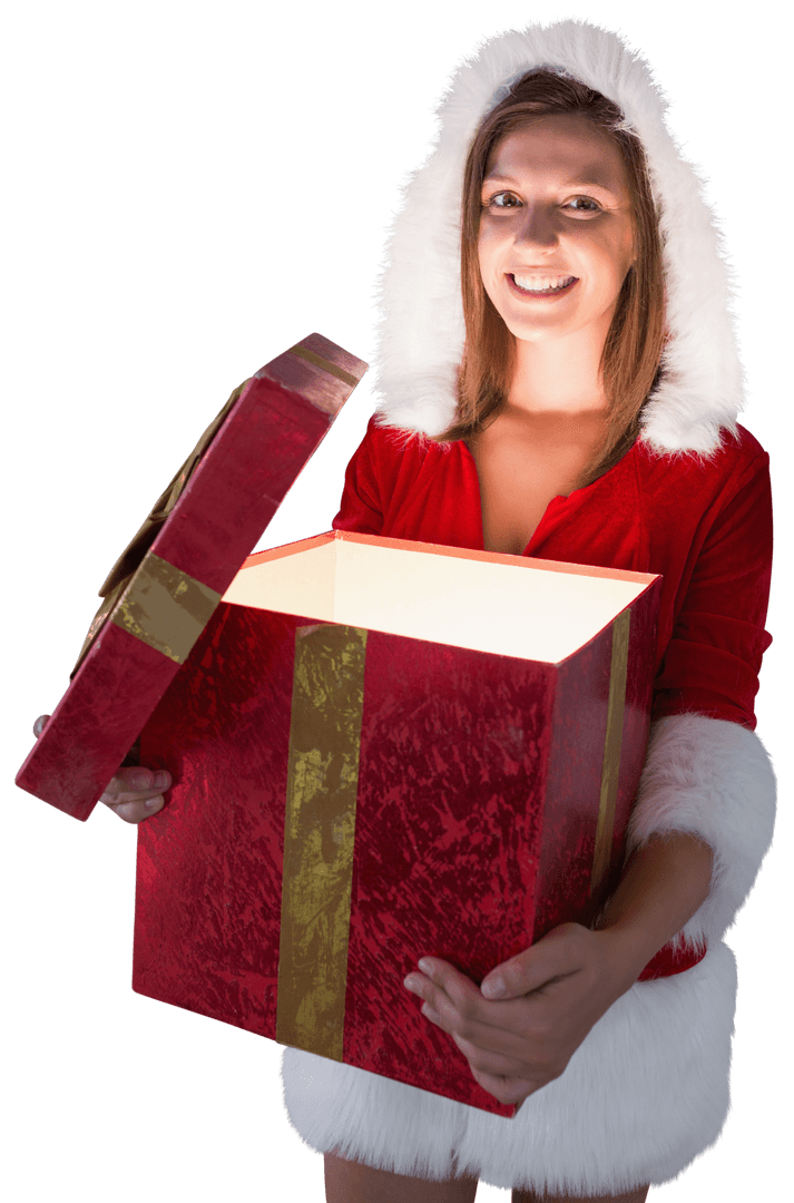 Smiling Woman Opening Gift Box in Red Fur Hat with Transparent Background