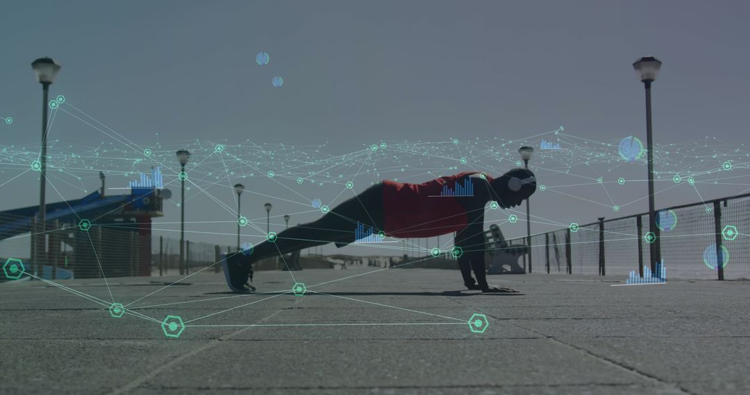 Athletic Man Doing Push-Ups on Seaside Promenade with Tech Interface