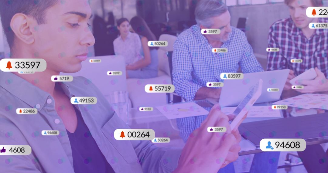 Colleagues Using Technology in Office with Notification Overlays