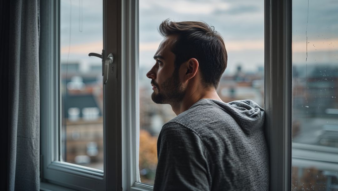 Pensive Man Looking Out Urban Window at Dusk