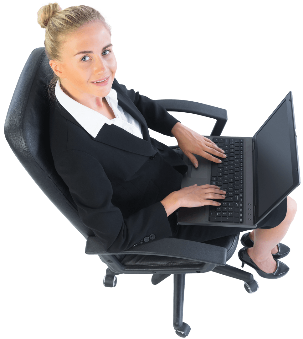 Transparent View Businesswoman Typing on Laptop in Swivel Chair