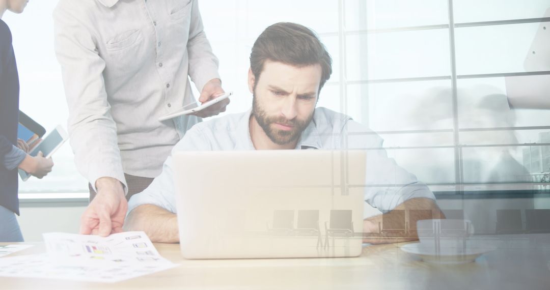 Collaboration in Open Space Office with Modern Technology Overlay